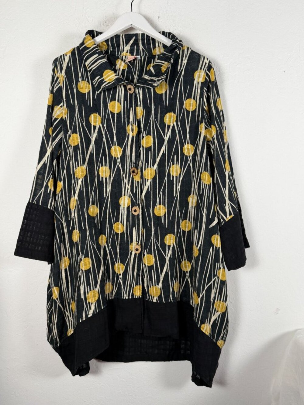 Cupcake International Art to Wear Tunic Jacket Top Black Yellow Dot Lagenlook XL